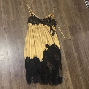 Vintage 100% silk lace Elegant Gold and Black Lace Slip Dress